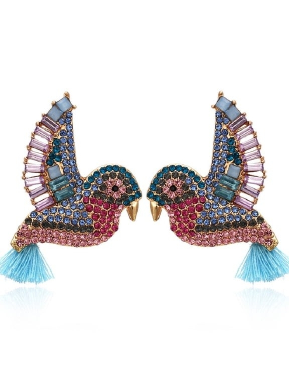 Jeweled Bird Statement Earrings Rhinestone Tassel Studs Multicolor